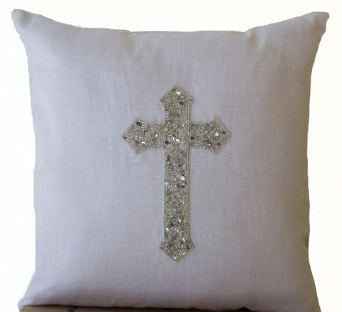 Handmade white linen pillow with silver Christian cross
