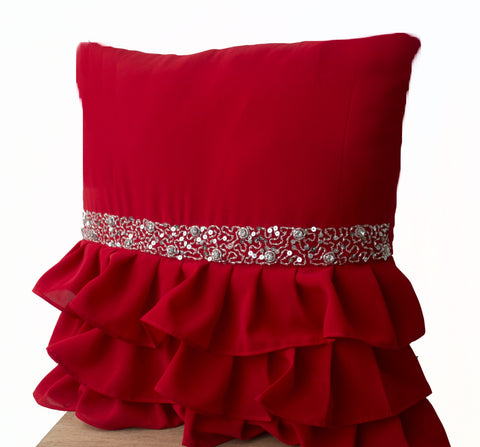 Handmade red ruffled throw pillow with sequin