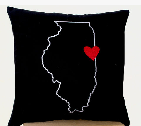 Handmade US state map pillow with heart design