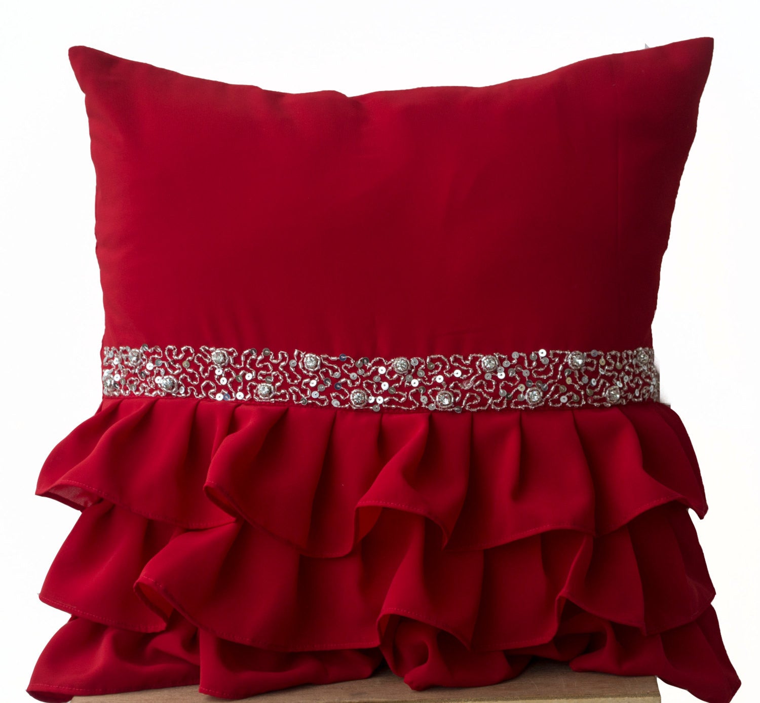 J Queen New York Red Garnet Red 18 inch Square Embellished Decorative Throw Pillow