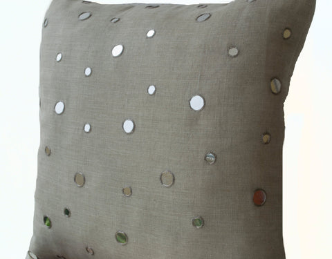 Handmade oatmeal linen cushion cover with shimmering mirrors