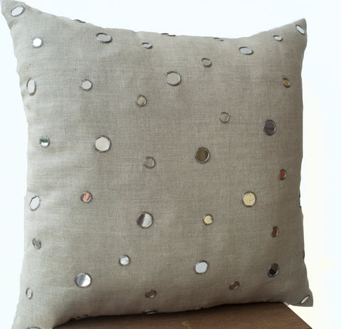 Handmade oatmeal linen cushion cover with shimmering mirrors