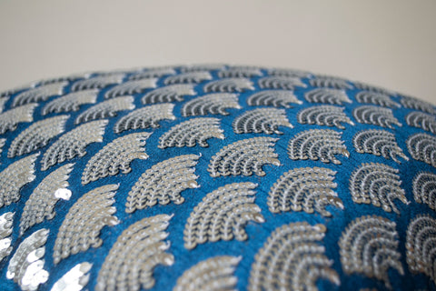 Handmade blue silk sequin pillow cover