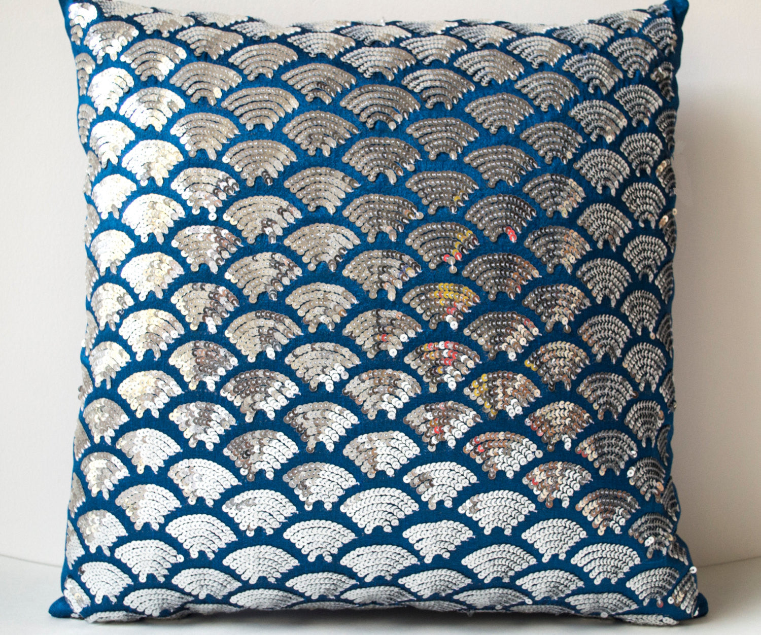 Handmade blue silk sequin pillow cover
