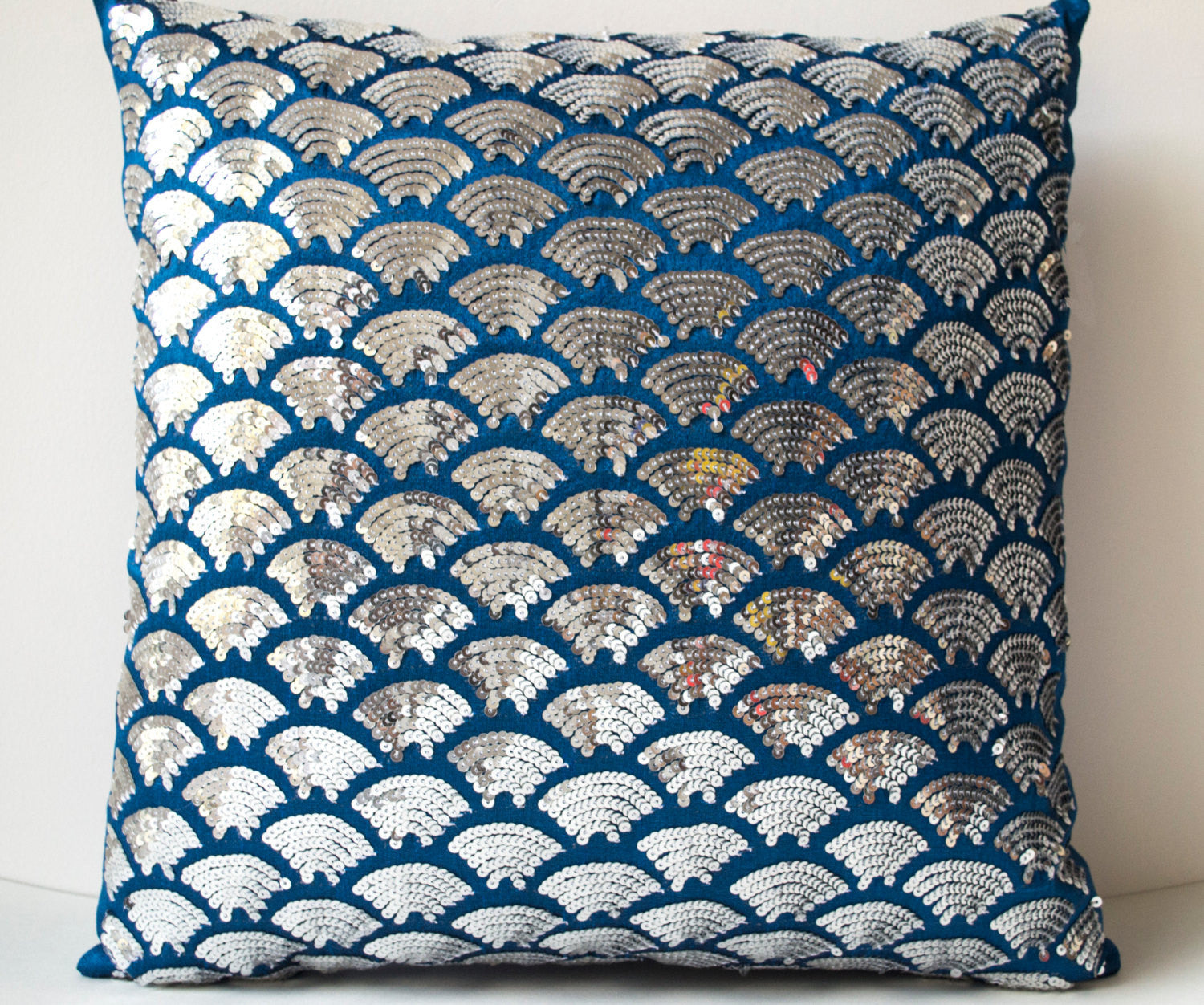 Shop online for handmade sashiko blue silk pillow cover with sequin