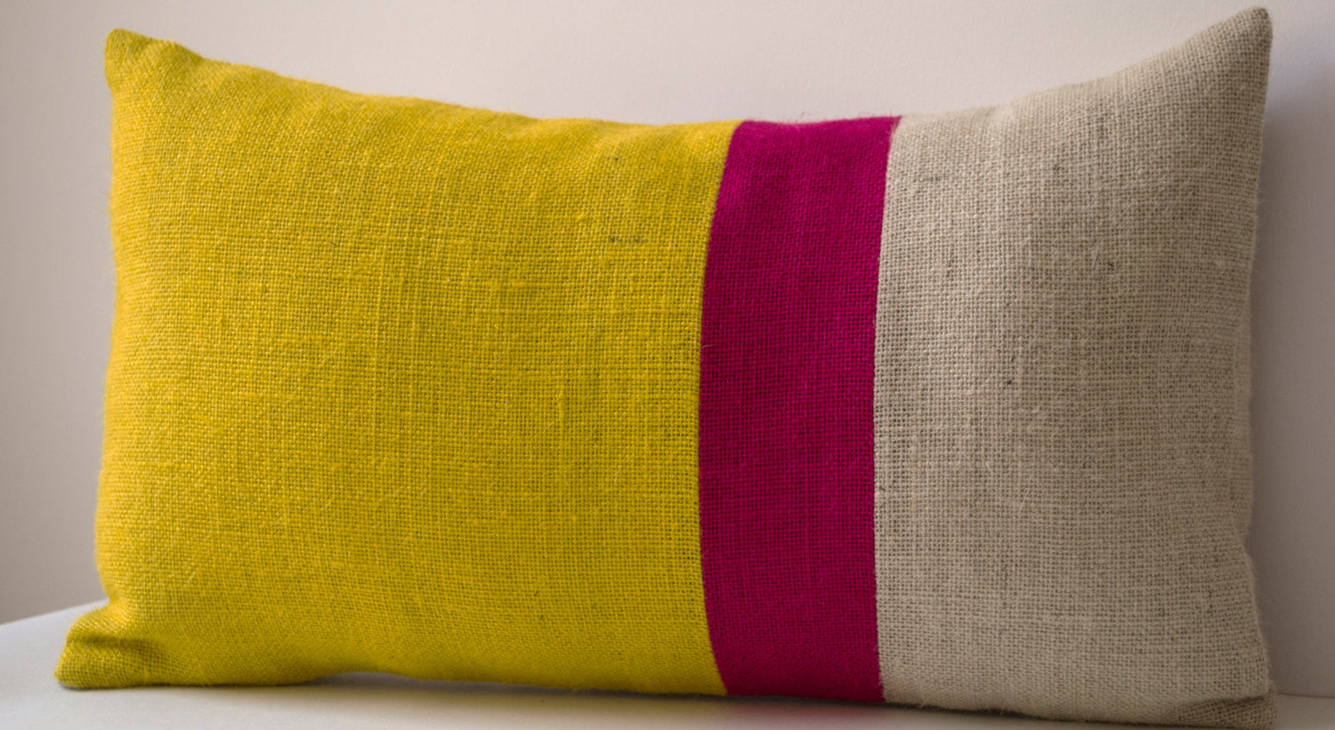 Handmade burlap yellow throw pillow with color block