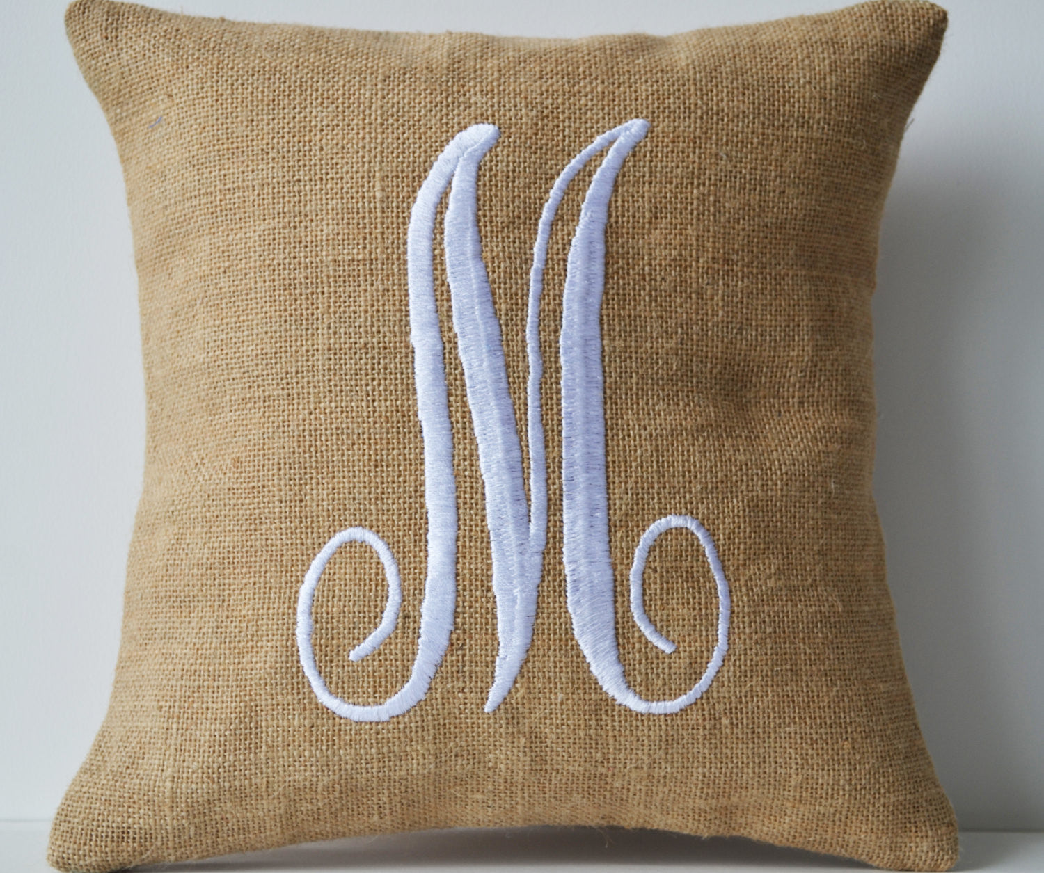 Shop online for burlap pillow with monogram and white embroidery – Amore  Beauté