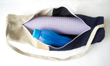Handmade burlap navy blue yoga mat bag with color block