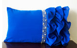 Handmade royal blue throw pillow with ruffles and beads
