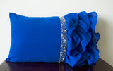 Handmade royal blue throw pillow with ruffles and beads