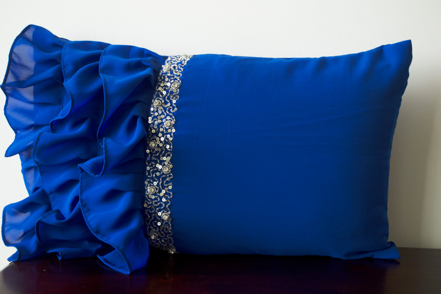 Royal Blue ruffled throw pillows -Ruffle pillows -12x20 -Blue Lumbar Pillow  -Rectangle Pillow -Beaded cushion -Gift -Bead Embroidered pillow