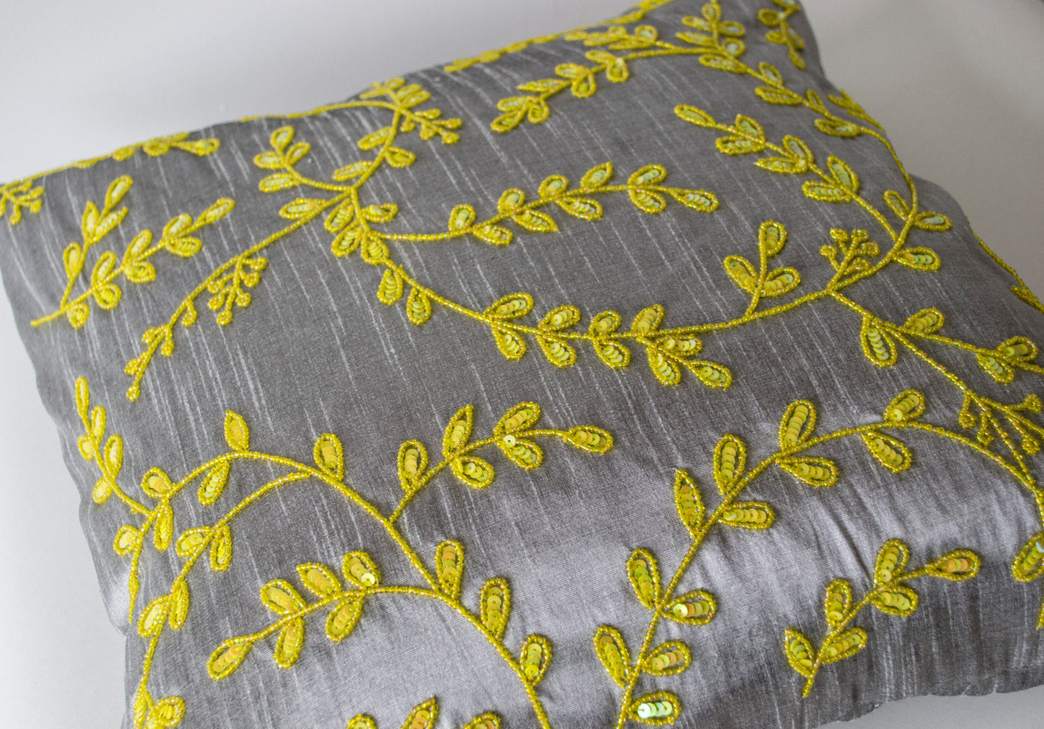 Shop online for handmade gray yellow silk throw pillows with beads – Amore  Beauté