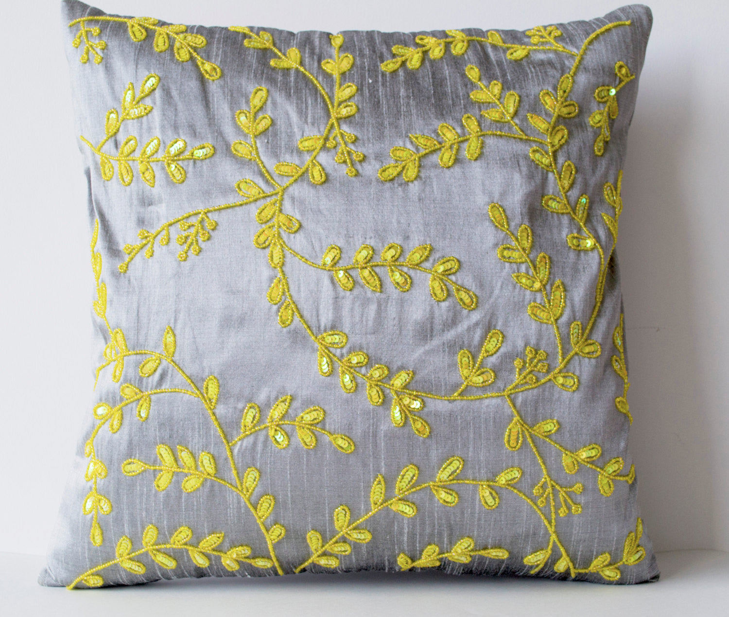 Shop online for handmade gray yellow silk throw pillows with beads ...