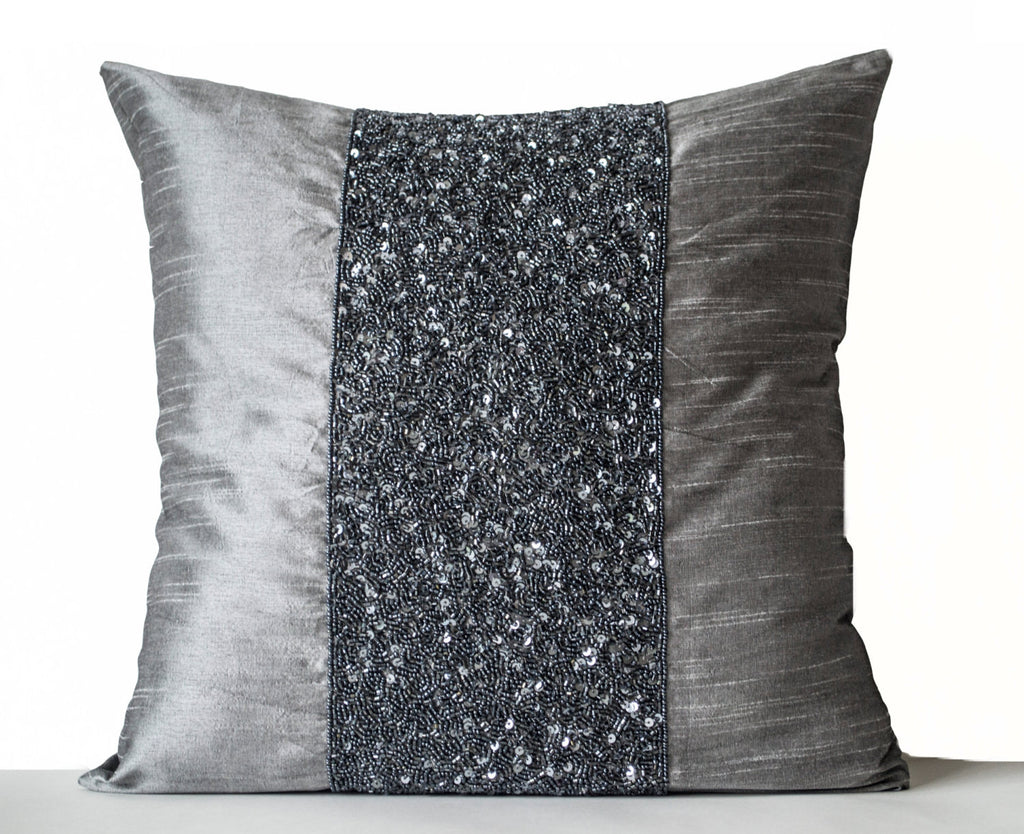 Buy handmade metallic gray silk pillow cover with beads, embroidery