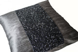 Handmade metallic grey silk pillow cover with beads and embroidery