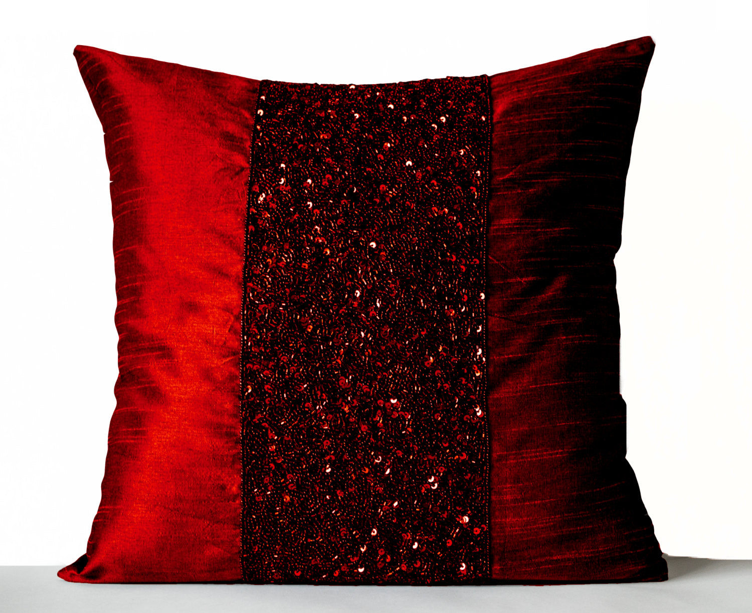 Handmade red pillow case with embroidery and beads