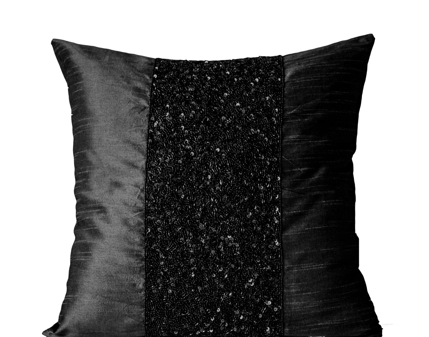 Handmade black silk pillow with metallic sparkles and beads