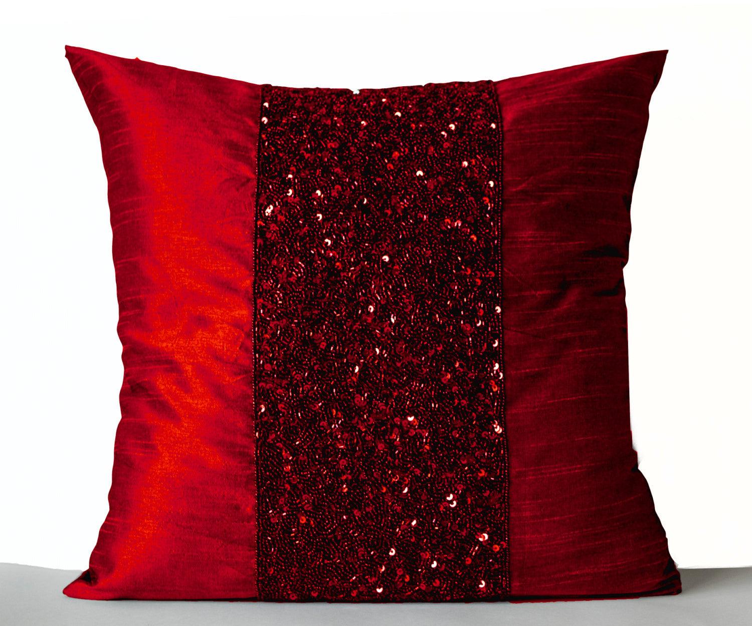 Handmade red silk pillow covers with beads and embroidery