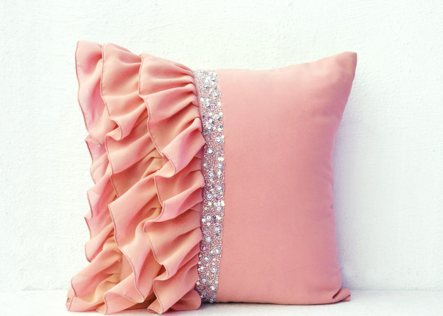  Handmade beige pillow with ruffles with crystal on georgette