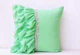 Handmade mint green throw pillow with ruffles and beads