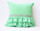 Handmade mint green throw pillow with ruffles and beads