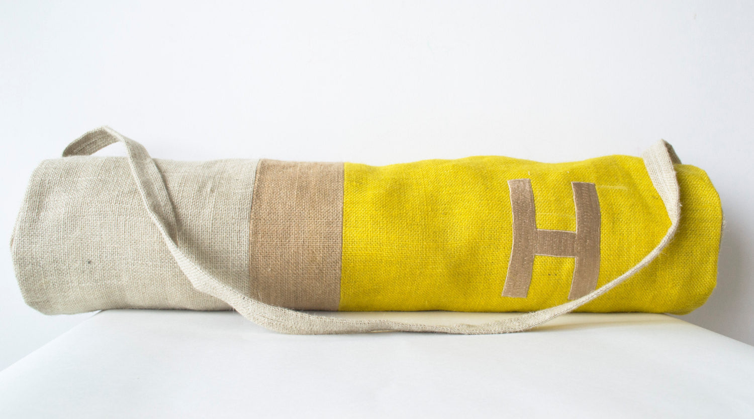 Handmade yoga bag with color block and asana monogram