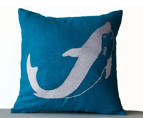 Handmade turquoise linen pillows with shark design