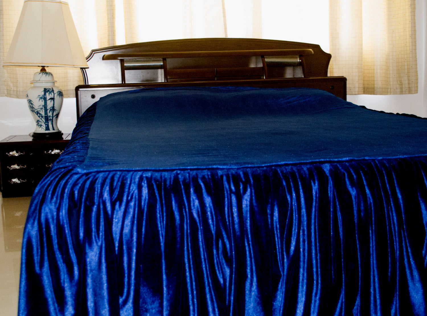 Navy blue hand embroidered king size bed cover with ruffles