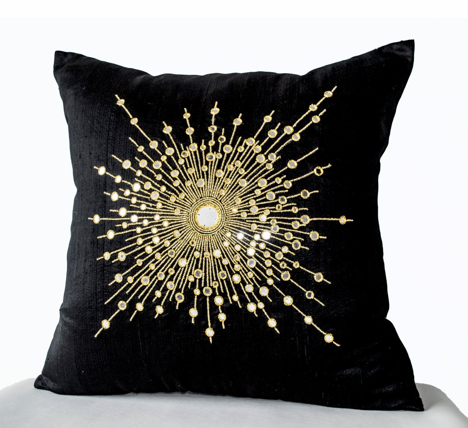 Handmade silk gold pillow with mirrors