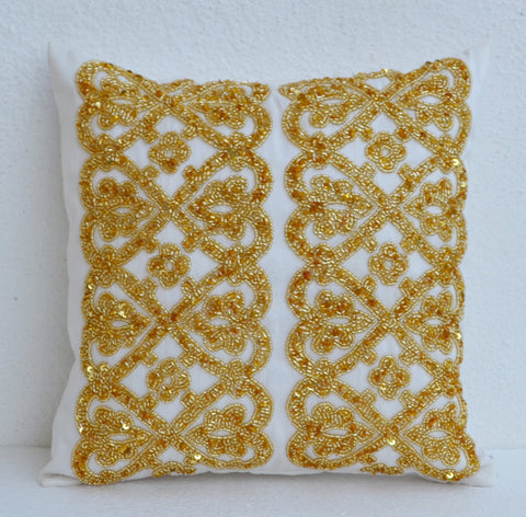 Handmade white gold bead throw pillow