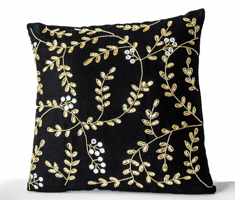 Black silk cushion cover with gold leaf