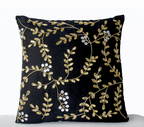 Black silk cushion cover with gold leaf
