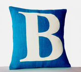Handmade blue pillow cover with custom monogram