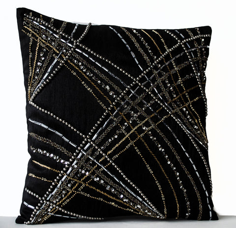 Handmade black throw pillow covers with geometric design