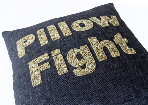 Handmade linen gray cushion cover with gold sequin