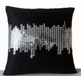 Handmade black throw pillow with silver sequin