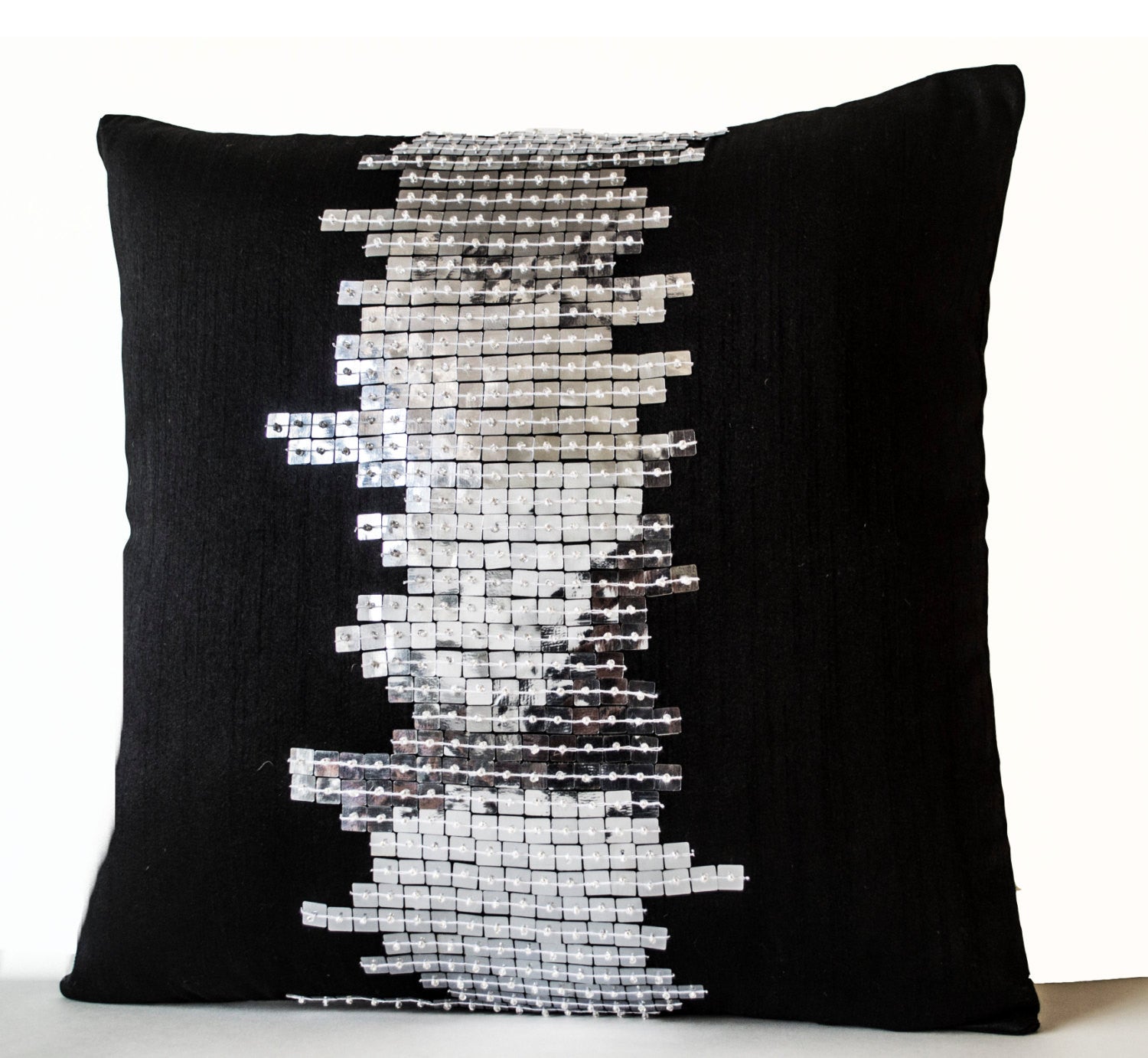 Handmade black throw pillow with silver sequin
