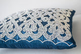 Handmade blue silk throw pillow with white sequin embroidery