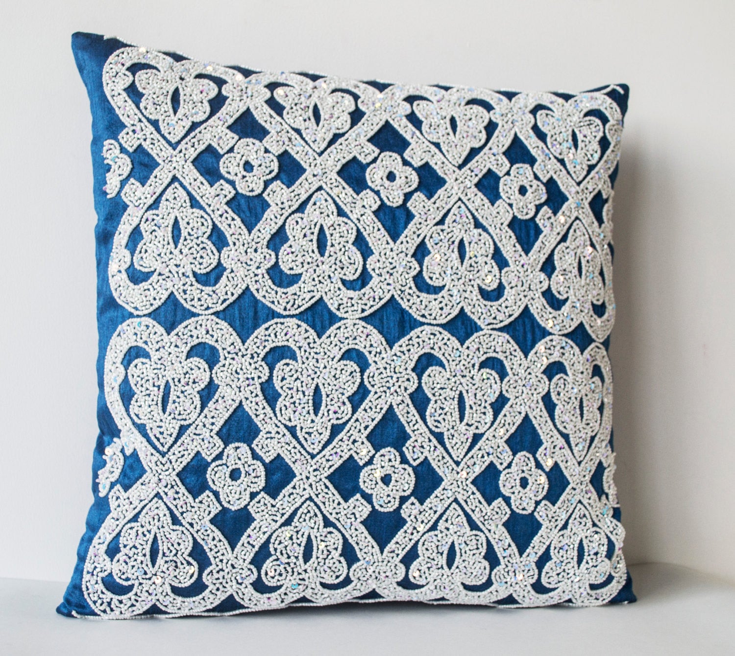 Buy handcrafted white silk accent pillow with embroidery and sequin – Amore  Beauté