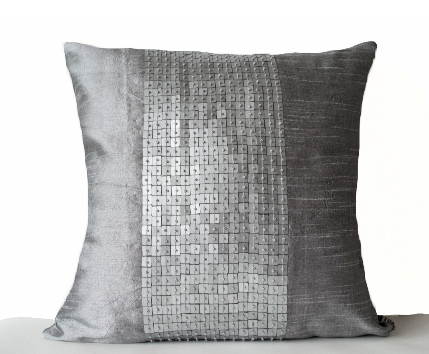 Shop online for handmade gray color block silk sequin pillow – Amore Beauté