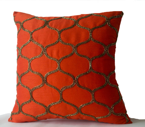 Handmade orange silk pillow cover with sequin