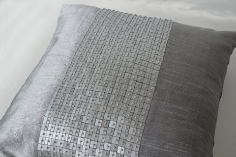 Handmade gray color block silk sequin pillow