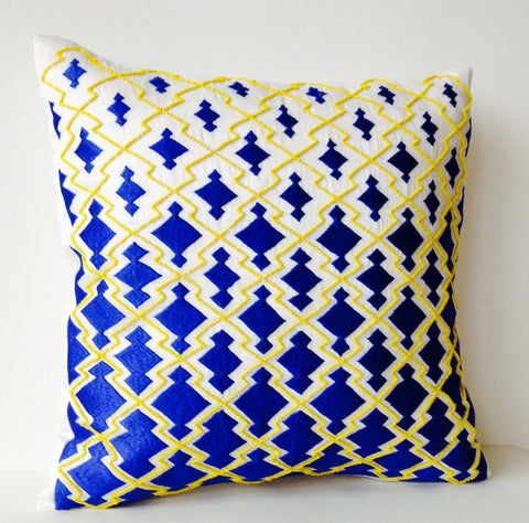 Handmade blue yellow decorative pillow cases with embroidery