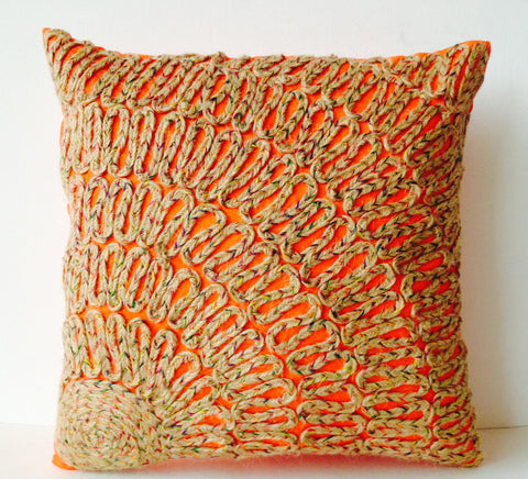 Handmade burlap orange embroidered silk pillows