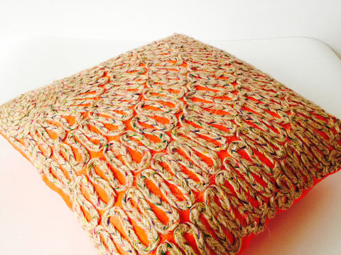 Handmade burlap orange embroidered silk pillows