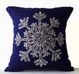 Handmade navy blue burlap cushion cover with silver beaded snowflake