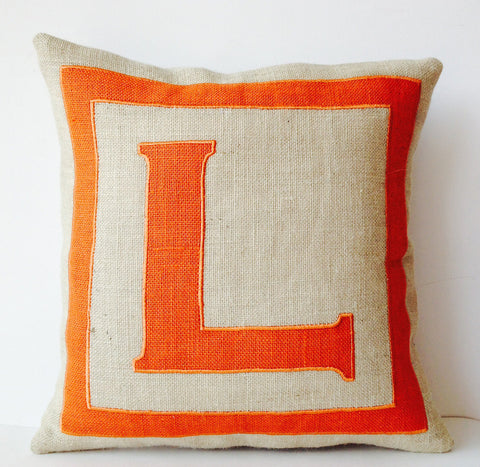 Handmade burlap orange cushion cover with monogram