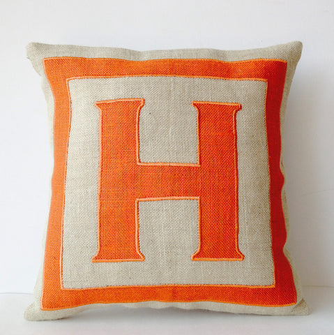 Handmade burlap orange cushion cover with monogram