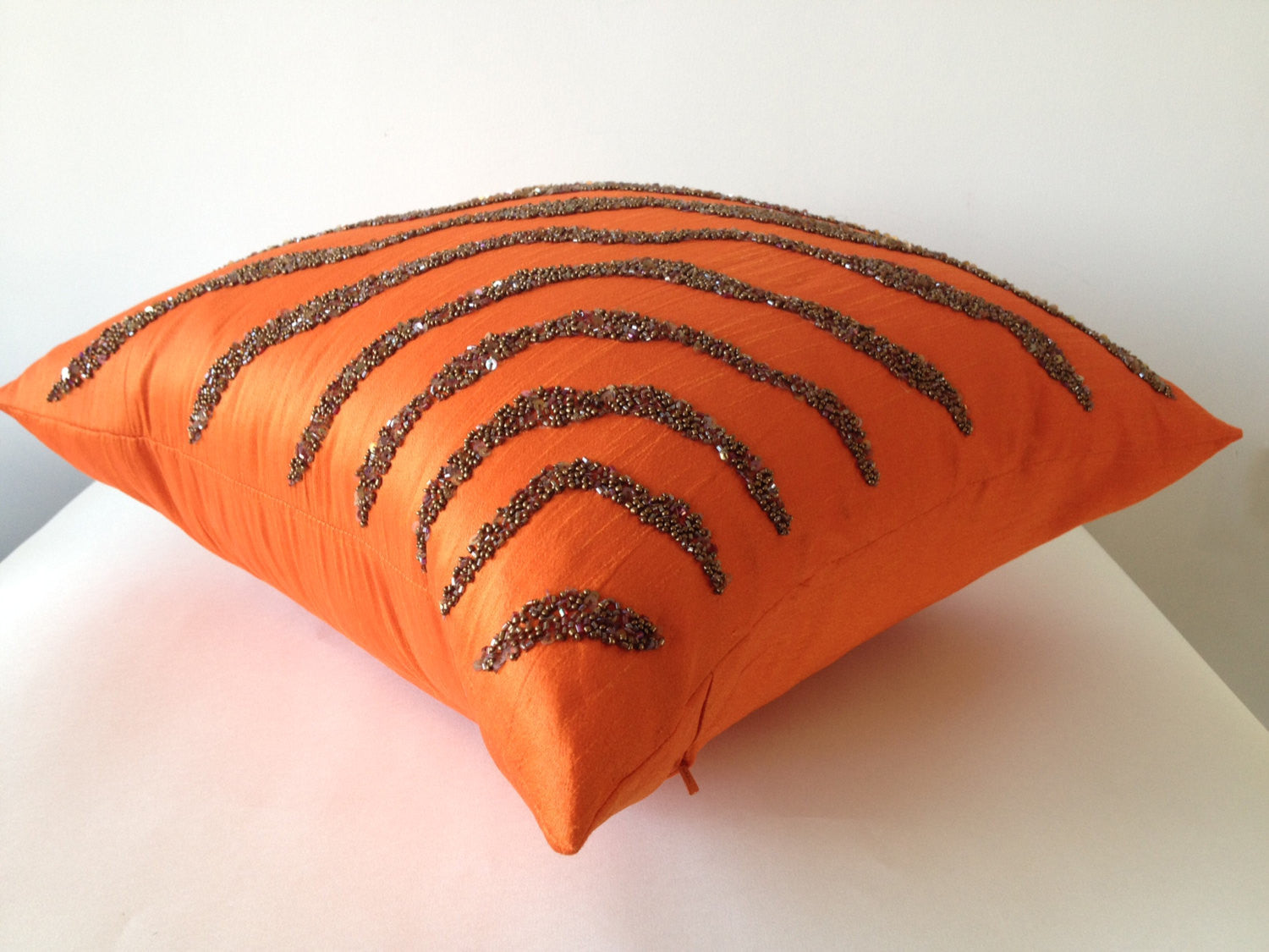 Handmade orange brown throw pillows in silk sequin and beads