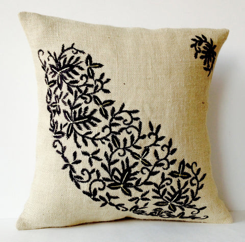 Handmade burlap ivory throw pillows with embroidery